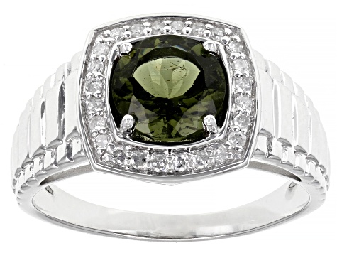 Pre-Owned Green Moldavite Rhodium Over 10k White Gold Men's Ring 1.52ctw