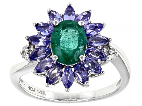 Pre-Owned Oval Zambian Emerald With Tanzanite And White Diamond Rhodium Over 14k White Gold Ring 2.1