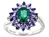 Pre-Owned Oval Zambian Emerald With Tanzanite And White Diamond Rhodium Over 14k White Gold Ring 2.1
