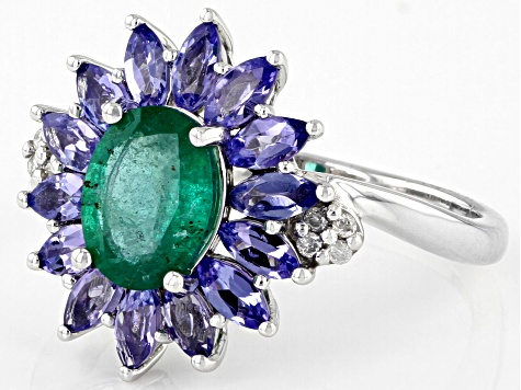 Pre-Owned Oval Zambian Emerald With Tanzanite And White Diamond Rhodium Over 14k White Gold Ring 2.1