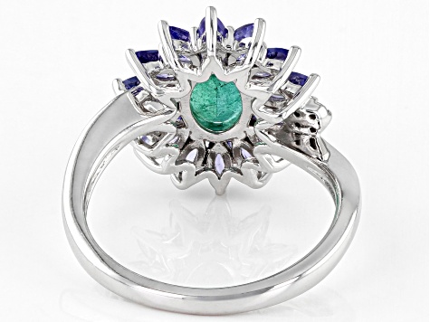 Pre-Owned Oval Zambian Emerald With Tanzanite And White Diamond Rhodium Over 14k White Gold Ring 2.1