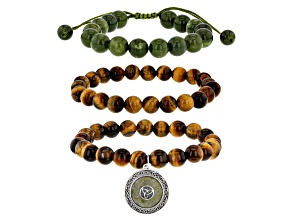 Pre-Owned Round Connemara Marble And Tigers Eye Sterling Silver Set of 3 Bracelets