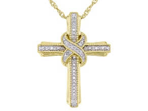 Pre-Owned White Diamond 14k Yellow Gold Over Sterling Silver Cross Pendant With Chain 0.10ctw