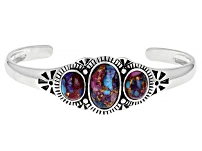 Pre-Owned Blended Purple Spiny Oyster and Turquoise Rhodium Over Silver 3-Stone Cuff