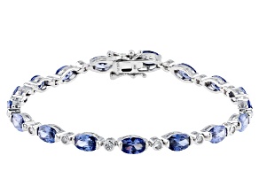 Pre-Owned Blue And White Cubic Zirconia Rhodium Over Sterling Silver Tennis Bracelet 13.21ctw
