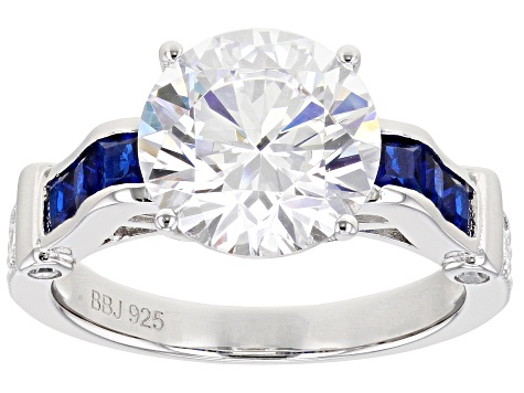 Pre-Owned Blue Lab Created Spinel And White Cubic Zirconia Rhodium Over Silver Ring 7.39ctw