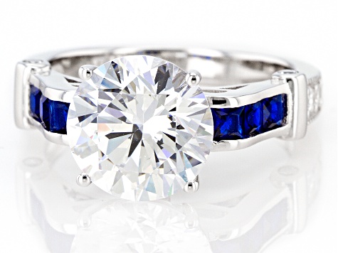 Pre-Owned Blue Lab Created Spinel And White Cubic Zirconia Rhodium Over Silver Ring 7.39ctw