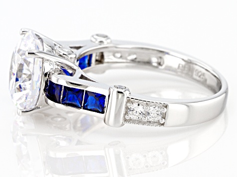 Pre-Owned Blue Lab Created Spinel And White Cubic Zirconia Rhodium Over Silver Ring 7.39ctw