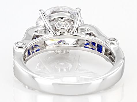 Pre-Owned Blue Lab Created Spinel And White Cubic Zirconia Rhodium Over Silver Ring 7.39ctw