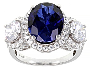 Pre-Owned Lab Created Blue Sapphire And White Cubic Zirconia Platinum Over Sterling Silver Ring 12.0