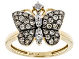 Pre-Owned Champagne And White Diamond 10k Yellow Gold Butterfly Ring 0.40ctw