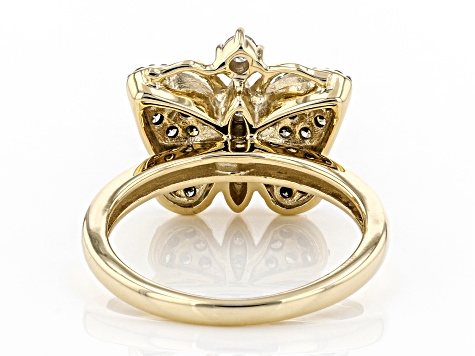 Pre-Owned Champagne And White Diamond 10k Yellow Gold Butterfly Ring 0.40ctw