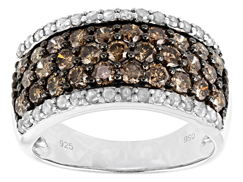 Pre-Owned Champagne And White Diamond Rhodium Over Sterling Silver Wide Band Ring 1.80ctw
