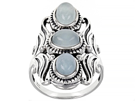 Pre-Owned Blue Aquamarine Rhodium Over Sterling Silver 3-stone Ring