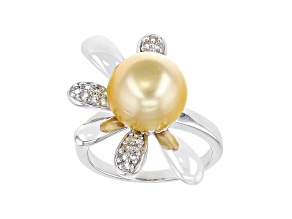 Pre-Owned Golden Cultured South Sea Pearl & White Topaz Rhodium Over Sterling Silver Ring