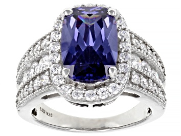 Picture of Pre-Owned Blue And White Cubic Zirconia Platinum Over Sterling Silver Ring 8.22ctw