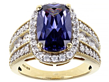 Picture of Pre-Owned Blue And White Cubic Zirconia 18k Yellow Gold Over Sterling Silver Ring 8.22ctw