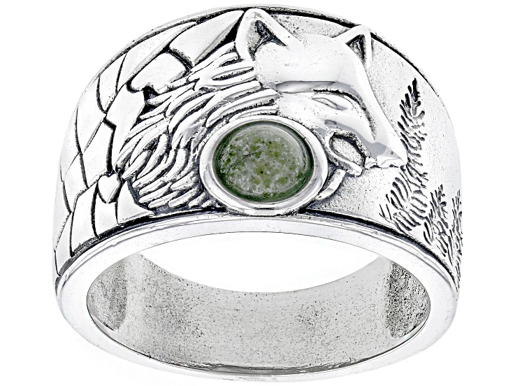Pre-Owned Connemara Marble Men's Sterling Silver Wolf Ring