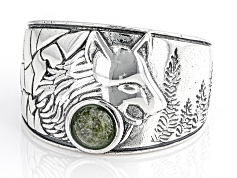 Pre-Owned Connemara Marble Men's Sterling Silver Wolf Ring