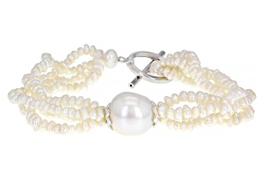 Pre-Owned White Cultured Freshwater Pearl Rhodium Over Sterling Silver Bracelet