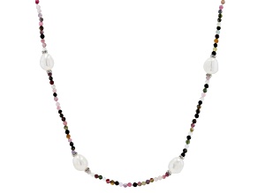 Pre-Owned Cultured Freshwater Pearl With Tourmaline & Diamond Simulant Rhodium Over Silver 32 Inch N
