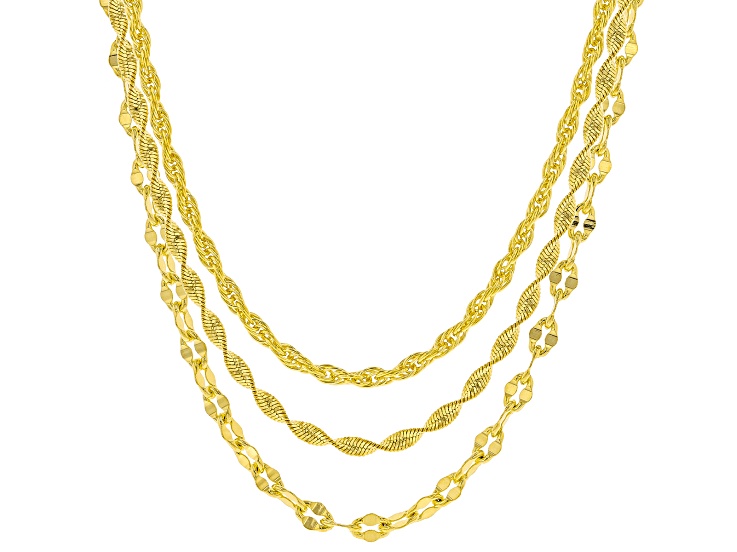 Pre-Owned 18k Yellow Gold Over Bronze Herringbone Cable Rope Link Chain Set Of 3
