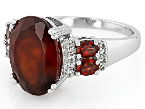 Pre-Owned Red Hessonite Garnet Rhodium Over Sterling Silver Ring 6.13ctw.