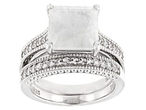 Pre-Owned Rainbow Moonstone With Lab Created White Sapphire 2 ring set