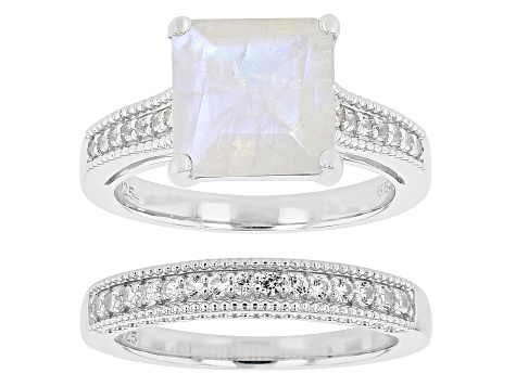 Pre-Owned Rainbow Moonstone With Lab Created White Sapphire 2 ring set