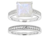 Pre-Owned Rainbow Moonstone With Lab Created White Sapphire 2 ring set