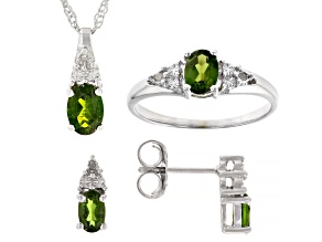 Pre-Owned Oval Chrome Diopside With Diamond Rhodium Over Sterling Silver 3 Piece Set 2.28ctw