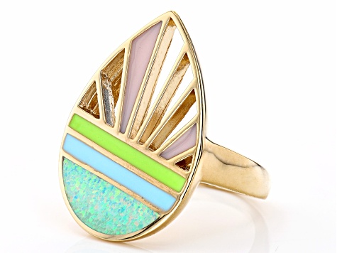 Pre-Owned Blue Lab Created Opal 18K Yellow Gold Over Silver Sunrise Sunset Ring