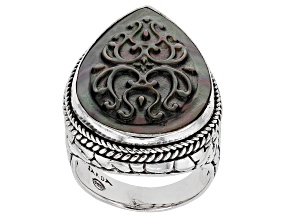 Pre-Owned Black Carved Mother-of-Pearl Silver Hammered Ring