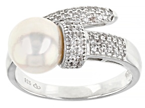 Pre-Owned White Cultured Japanese Akoya Pearl & White Zircon Rhodium Over Sterling Silver Ring