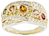 Pre-Owned Multi-Color Sapphire & White Diamond 14k Yellow Gold Crossover Band Ring 1.18ctw