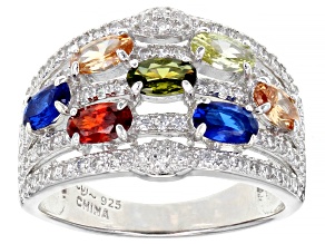 Pre-Owned Lab Created Blue Spinel, White, Red, Brown, And Green Cubic Zirconia Rhodium Over Silver R