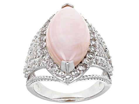 Pre-Owned Pink Mother-of-Pearl With White Topaz & White Zircon Rhodium Over Silver Ring