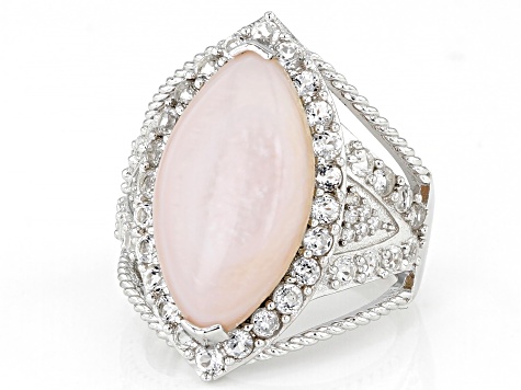Pre-Owned Pink Mother-of-Pearl With White Topaz & White Zircon Rhodium Over Silver Ring