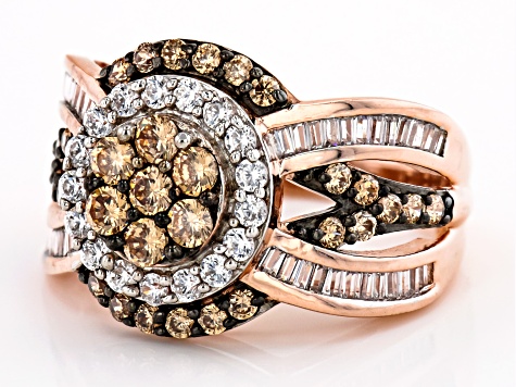 Pre-Owned Champagne And White Cubic Zirconia 18k Rose Gold Over Sterling Silver Ring 2.86ctw