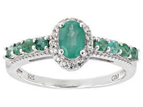 Pre-Owned Zambian Emerald And White Zircon Rhodium Over Sterling Silver Ring 0.73ctw