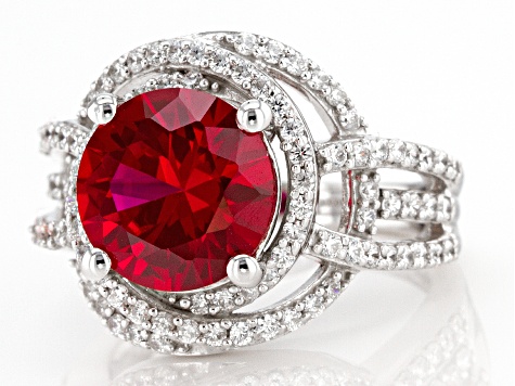 Pre-Owned Lab Created Ruby And White Cubic Zirconia Platinum Over Sterling Silver Ring 5.96ctw