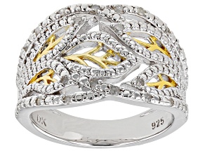 Pre-Owned White Diamond Rhodium & 14k Yellow Gold Over Sterling Silver Wide Band Leaf Ring 0.20ctw