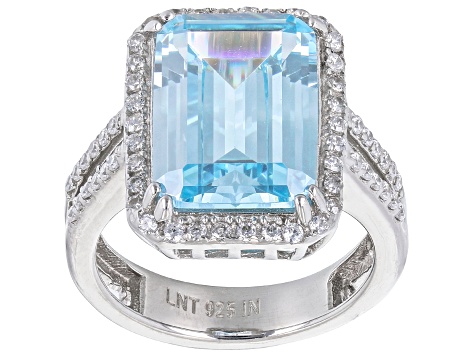 Pre-Owned Blue And White Cubic Zirconia Rhodium Over Sterling Silver Ring 12.18ctw