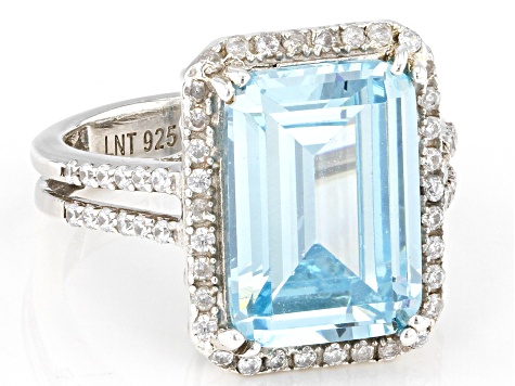 Pre-Owned Blue And White Cubic Zirconia Rhodium Over Sterling Silver Ring 12.18ctw