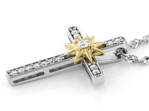 Pre-Owned Moissanite platineve and 14k yellow gold over sterling silver cross pendant .18ctw DEW.