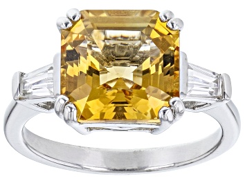Picture of Pre-Owned Asscher Cut Brazilian Yellow Citrine With White Zircon Rhodium Over Sterling Silver Ring 4