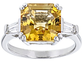 Pre-Owned Asscher Cut Brazilian Yellow Citrine With White Zircon Rhodium Over Sterling Silver Ring 4