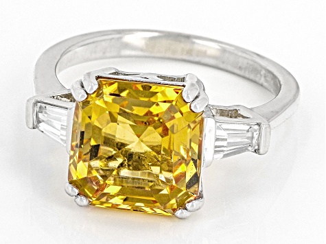 Pre-Owned Asscher Cut Brazilian Yellow Citrine With White Zircon Rhodium Over Sterling Silver Ring 4