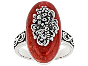 Pre-Owned Red Coral Sterling Silver Dragonfly Floral Ring