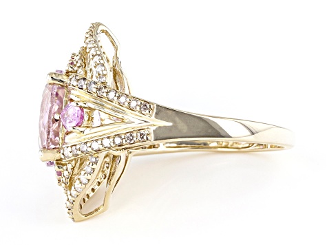 Pre-Owned Pink Kunzite And Pink Sapphire With White And Champagne Diamond 14k Yellow Gold Ring 3.77c